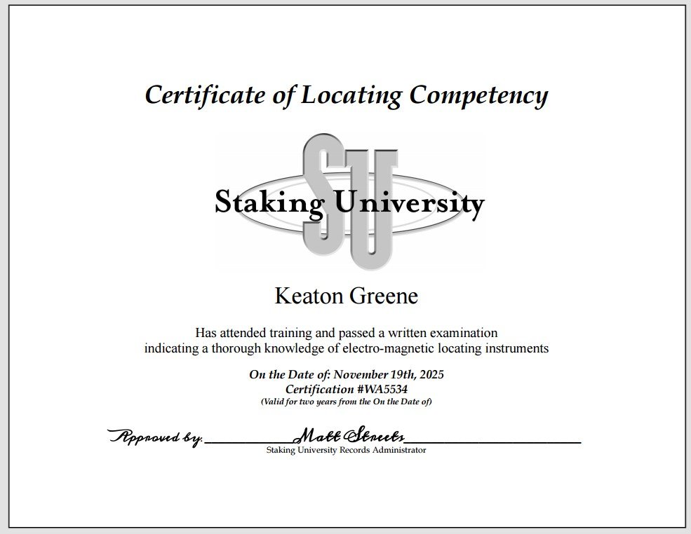 Certificate of Locating Competency issued to Keaton Greene by Staking University, November 2025