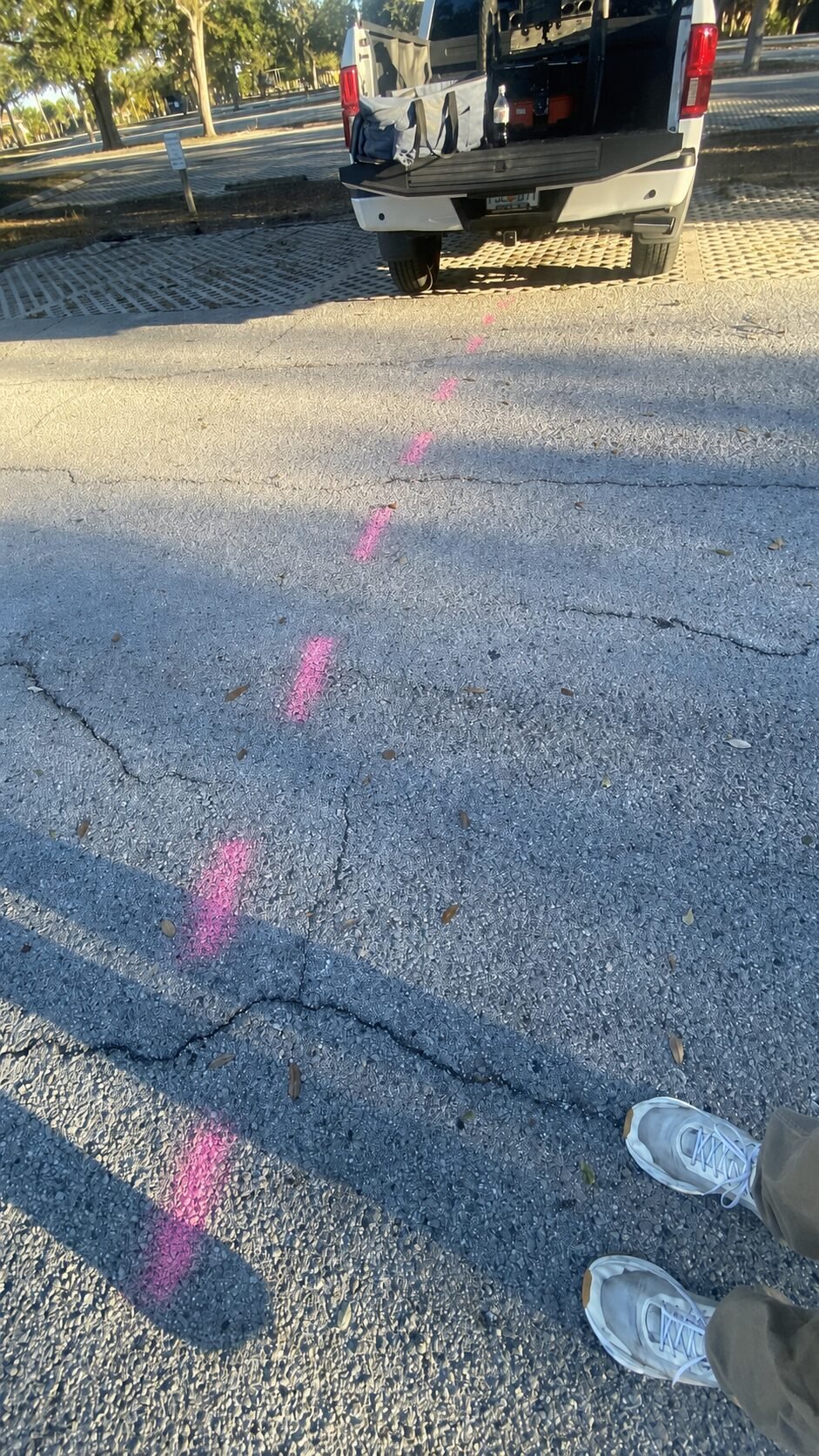 Pink dashed utility route markings extending across a paved work area