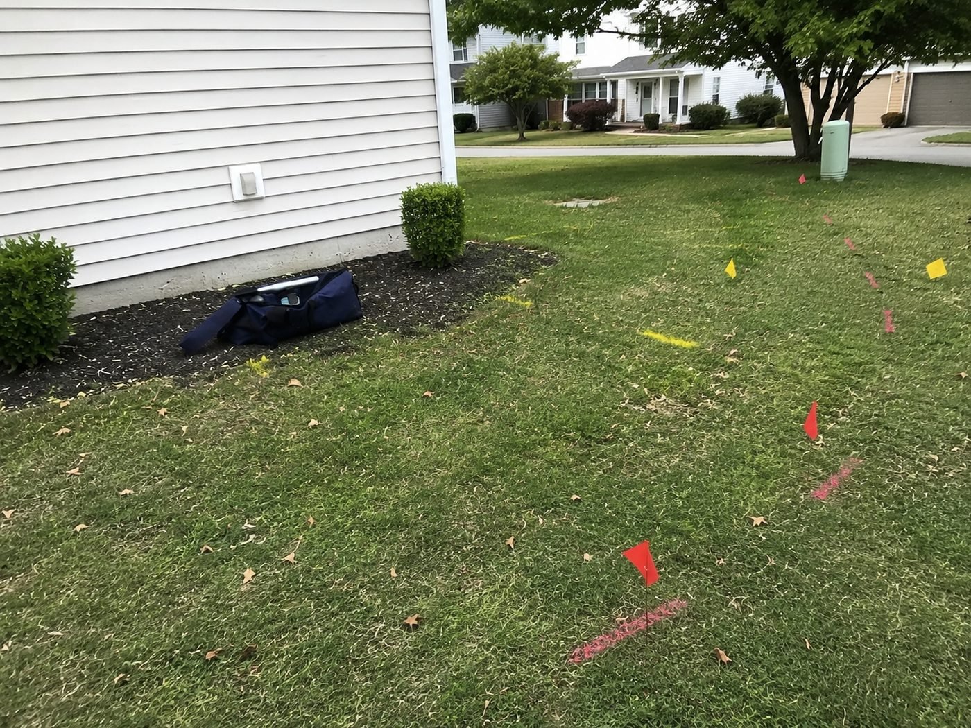 Utility flags and paint marks showing a completed private utility locate
