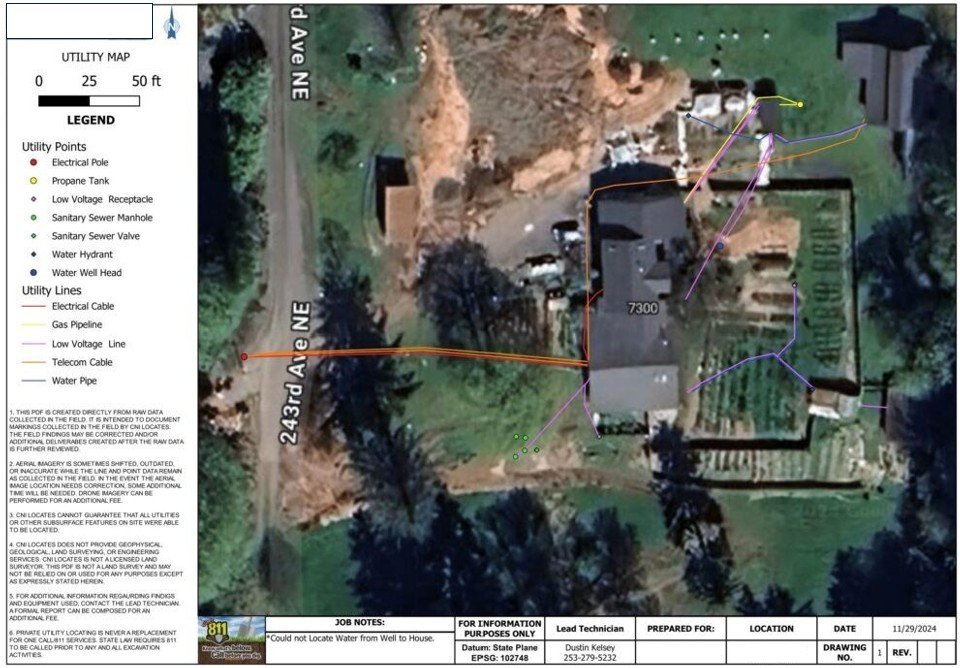 Sample GroundScout utility map showing mapped site features and color-coded utility routes